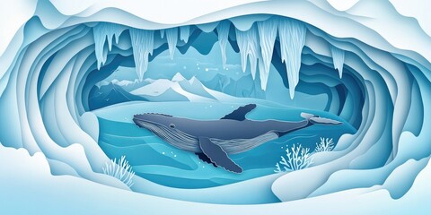 Poster - Humpback whale swimming in a stunning icy bay surrounded by beautiful ice formations, Humpback whale swimming in a beautiful icy landscape with ice formations
