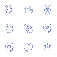 Mindfulness icons set. Thin Line style, editable stroke. mindfulness, openmind, treatment, intelligence, brain, wellness, conflict, selfcontrol