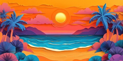 Wall Mural - Stunning coastal backdrop with vibrant orange sunset sky Breathtaking beach landscape at sunrise, featuring the sun sinking below the horizon on a cloudy day