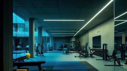 A modern, well-equipped gym with various exercise machines and weights, bathed in a blue light, offering a tranquil and inspiring workout experience.