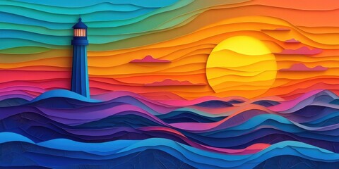 Wall Mural - Vibrant Sunset Over Ocean and Lighthouse, Colorful Sunset Over Water and Lighthouse