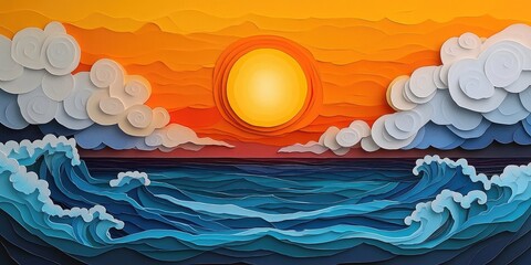 Wall Mural - Stunning coastal backdrop with vibrant orange sunset sky Breathtaking beach landscape at sunrise, featuring the sun sinking below the horizon on a cloudy day