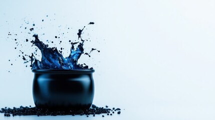 Canvas Print - Splashing blue liquid from a black pot on a white background.