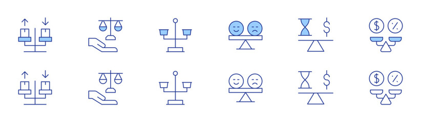 Balance icon set in two styles, Duotone and Thin Line style. Editable stroke. balance in project management, resource distribution, timeline coordination, task prioritization, efficiency