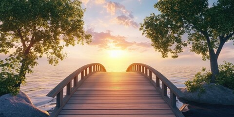 Wall Mural - Wooden bridge at sunset over the water, Wooden bridge during sunset over water