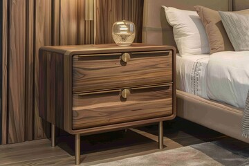 Dark wood nightstand with two drawers and brass legs, styled in Italian minimalism, placed on the bedroom floor against the wall.