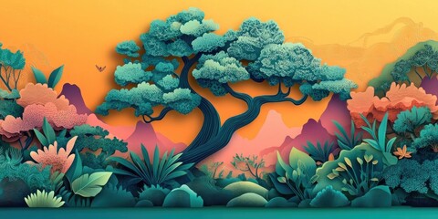 Poster - Ancient tree backdrop in a garden setting, Ancient tree scenery in a garden environment