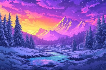 Poster - Winter landscape featuring a river flowing through a valley surrounded by snow-covered trees and mountains, Winter landscape with river in snow-covered valley and mountains