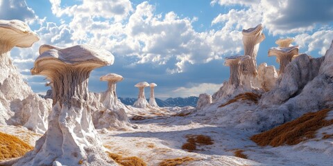 Wall Mural - Stunning landscape featuring unique rock formations resembling mushrooms A remarkable natural panorama showcasing the inspiring beauty of mountainous terrain