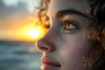 Wall Mural - Close-up of a young woman's face looking at a sunset on the beach, with a thoughtful expression.