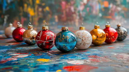 A row of colorful, ornate Christmas ornaments sit on a wooden surface, ready for the holiday season.