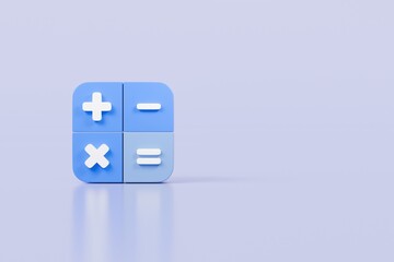 Poster - 3d Calculator buttons with a plus, minus, multiply, and equal icon isolated on purple background. Money management concept. 3d minimal calculator buttons machine mathematic device icon. 3d render.