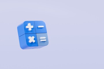 Poster - 3d Calculator buttons with a plus, minus, multiply, and equal icon isolated on purple background. Money management concept. 3d minimal calculator buttons machine mathematic device icon. 3d render.