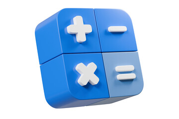 Poster - 3d Calculator buttons with a plus, minus, multiply, and equal icon isolated on purple background. Money management concept. 3d minimal calculator buttons machine mathematic device icon. 3d render.