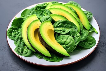 Aufkleber - Simple detox salad, with only spinach leaves and avocado slices on a white plate, leaving space around the dish for a clean, fresh look