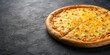 © suchetpong - Minimalist cheese pizza on black table with abundant yellow cheese