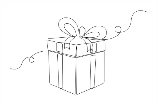 Continuous one line art drawing of gift box Presents with ribbon bow Hand drawn greeting present box. Christmas surprise
