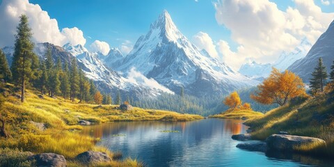 Poster - Majestic peaks and tranquil landscapes of a stunning national park in the mountains, Majestic mountains and peaceful scenery in a national park
