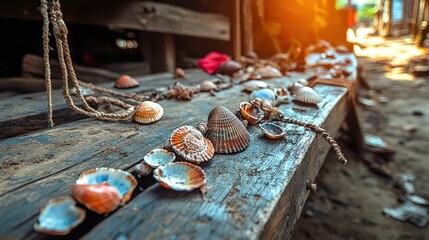 A picturesque scene showcasing colorful shells arranged on a rustic wooden surface, illuminated by warm sunlight, evoking a sense of tranquility and beach charm.