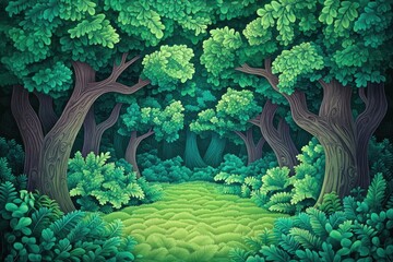 Poster - Lush evergreen laurel forest featuring moss and ferns in a rural park setting, Dense green laurel forest with moss and ferns in a natural park environment