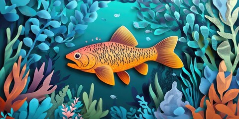Poster - Trout swimming among underwater vegetation in a freshwater habitat, featuring sea grass and diverse aquatic plants