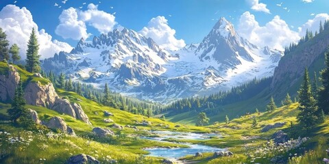 Poster - Majestic peaks and tranquil landscapes of a stunning national park in the mountains, Majestic mountains and peaceful scenery in a national park