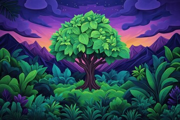 Poster - Lush green tree in a vibrant spring garden setting, Vibrant spring garden with lush green trees