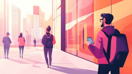 A Man Walking on a City Street, Using a Phone, with Other People in the Background
