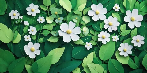 Poster - Delicate white blossoms surrounded by lush green leaves, Delicate white flowers among vibrant green foliage