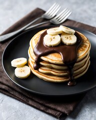 Tasty pancakes with chocolate spread and sliced banana on table. AI Generative.