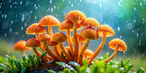 A cluster of vibrant orange mushrooms basking in a gentle rain shower, their delicate caps glistening with water droplets, a visual symphony of nature's artistry.