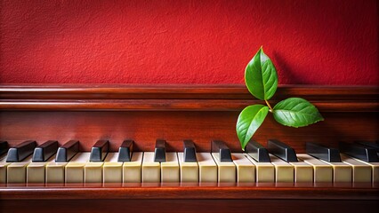 A single sprig of green leaves rests delicately on the top edge of a piano keyboard, a symbol of hope and new beginnings, against a deep crimson backdrop.