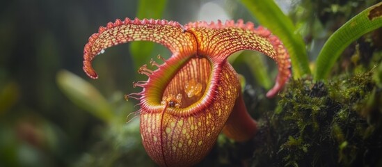 Canvas Print - A close-up of a vibrant red and yellow pitcher plant with intricate patterns and a green mossy background.