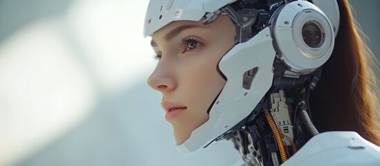 Wall Mural - A close-up shot of a woman's face with a futuristic helmet on. She has a serious expression.