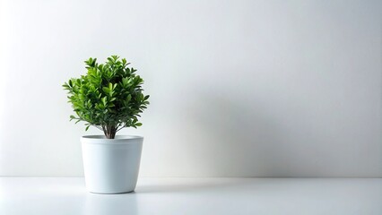 Minimalist green plant in white pot on clean white background