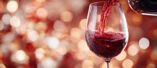 Wall Mural - A glass of red wine being poured against a bokeh background.