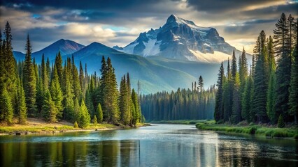 Wall Mural - Minimalist landscape of forest river and mountain