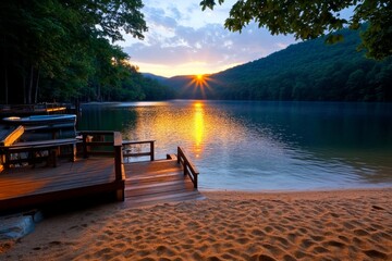 Poster - Sunrise over a calm lake, with soft light reflecting on the water, creating a peaceful, serene atmosphere