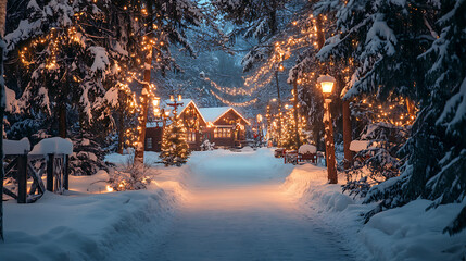 A snow-covered path winding through a forest leading to a charming Christmas village, illuminated by soft lights and festive decorations 