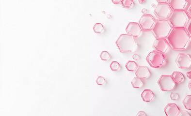 Poster - A white background with pink hexagons made of transparent plastic in the foreground, representing an organic texture for cosmetic products.