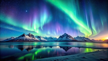 minimalist northern lights aurora night landscape with mountains in the background