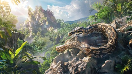 Wall Mural - A Large Python Resting on Rocks in a Lush Jungle Setting