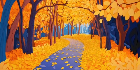 Poster - Pathway in a park adorned with fallen yellow leaves, Park pathway covered with yellow fallen leaves