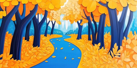 Poster - Pathway in a park adorned with fallen yellow leaves, Park pathway covered with yellow fallen leaves