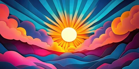 Wall Mural - Vibrant sunset featuring a kaleidoscope of colors and rays of sunlight illuminating the sky, Colorful sunset with radiant light illuminating the sky