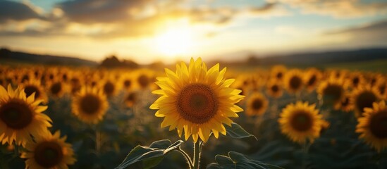 Poster - A single sunflower in a field of sunflowers with the setting sun in the background.