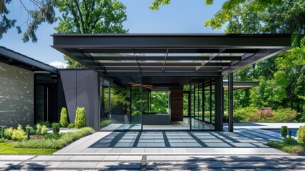 Modern home exterior with glass walls and patio