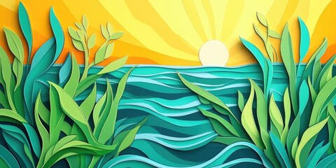 Wall Mural - Lush grass thriving in calm waters under bright sunshine, Vibrant grass flourishing in serene waters with sunny illumination