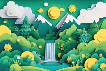Poster - Mountain waterfall cascading down rocky cliffs in a serene natural setting, Cascading waterfall flowing over rocky cliffs in a tranquil landscape