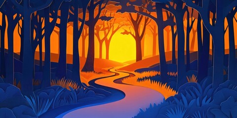 Poster - Footpath winding through a forest, illuminated by the warm rays of the setting sun, Winding footpath through forest with warm sunset illumination